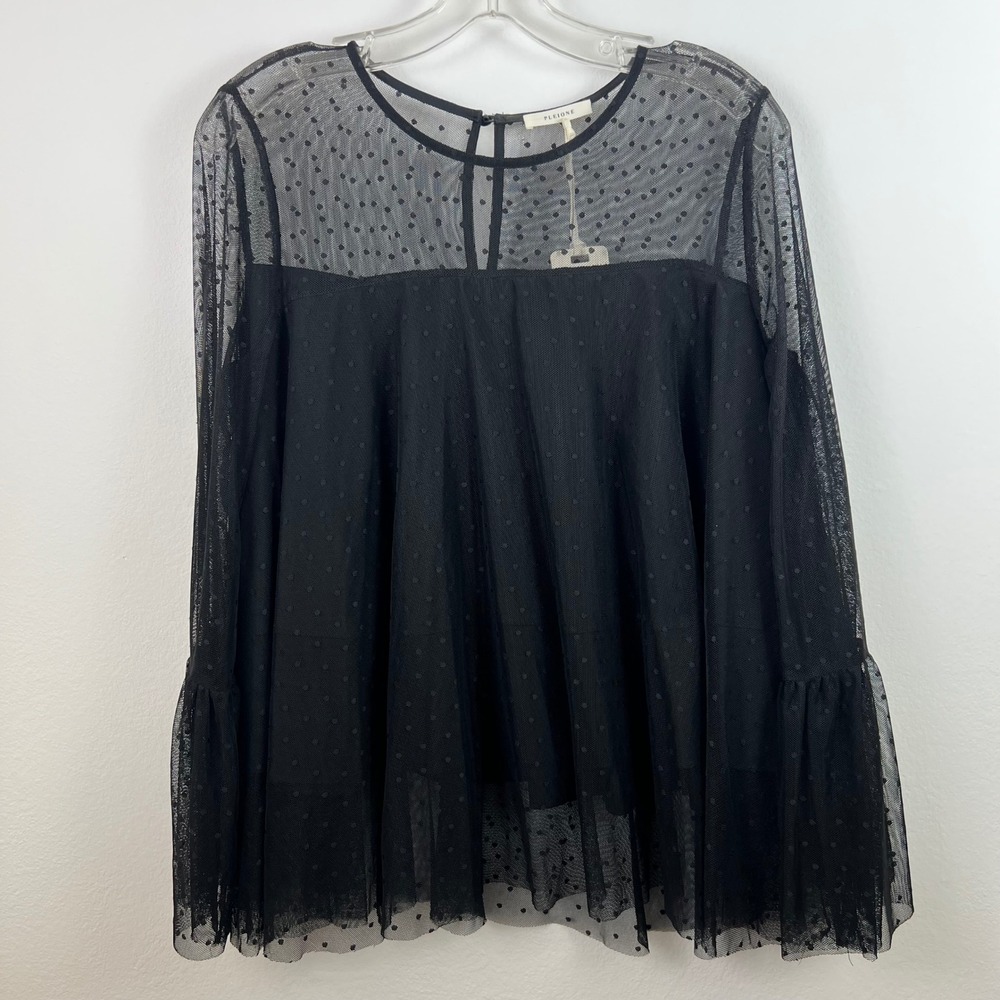 Pleione Women's Blouse Top Medium NWT Black Babydoll Dot Mesh Tiered Sheer Goth